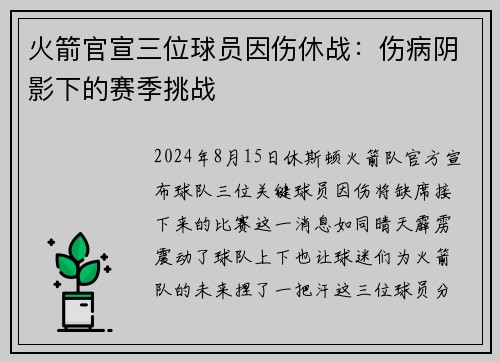 火箭官宣三位球员因伤休战：伤病阴影下的赛季挑战