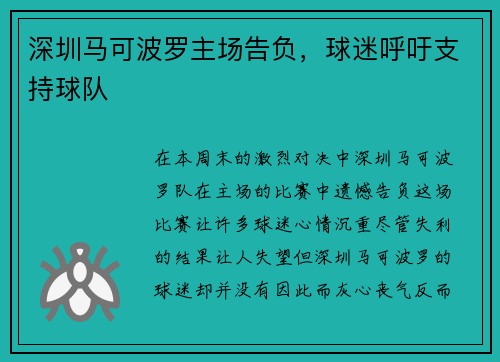 深圳马可波罗主场告负，球迷呼吁支持球队