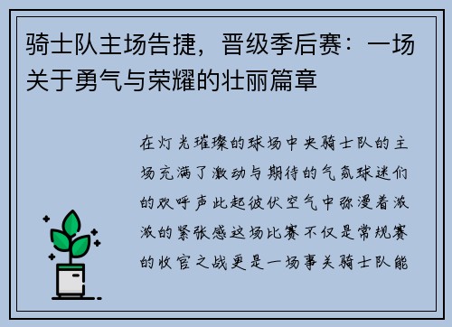 骑士队主场告捷，晋级季后赛：一场关于勇气与荣耀的壮丽篇章