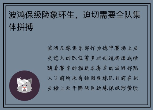 波鸿保级险象环生，迫切需要全队集体拼搏